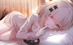 Rule 34 | 1girl, absurdres, arm up, blurry, blurry background, bottomless, breasts, brown hair, cleavage, corrupted twitter file, finger to mouth, hair ornament, halo, head on pillow, highres, index finger raised, indie virtual youtuber, kutar22, long sleeves, lying, on bed, on side, pajamas, parted lips, pink eyes, pink pajamas, short hair, small breasts, solo, stuffed toy, tokusari kukuri, virtual youtuber, x hair ornament