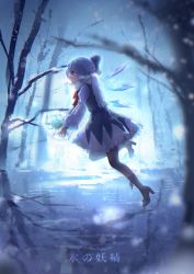 Rule 34 | absurdres, adapted costume, blue bow, blue dress, blue eyes, blue hair, bow, cirno, dress, forest, frog, frozen, frozen frog, hair bow, high heels, highres, ice, ice wings, juliet sleeves, long sleeves, nature, pantyhose, puffy sleeves, qiu ju, red neckwear, scarf, short dress, short hair, snow, touhou, wings, winter
