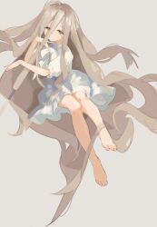 Rule 34 | 1girl, absurdly long hair, absurdres, bare legs, barefoot, blonde hair, commentary, dorsiflexion, dress, english commentary, expressionless, feet, frilled sleeves, frills, full body, grey background, hair between eyes, highres, knees together feet apart, legs, long hair, looking at viewer, nutchair, puffy short sleeves, puffy sleeves, sense (sousou no frieren), short sleeves, simple background, solo, sousou no frieren, spread toes, toenails, toes, very long hair, white dress, yellow eyes