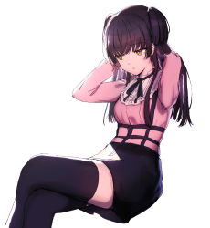 Rule 34 | 1girl, black hair, black skirt, black thighhighs, crossed legs, expressionless, feet out of frame, hands in hair, highres, idolmaster, idolmaster shiny colors, invisible chair, kneeichigo, looking afar, mayuzumi fuyuko, neck ribbon, pink shirt, ribbon, shirt, simple background, sitting, skirt, solo, suspender skirt, suspenders, thighhighs, two side up, white background, yellow eyes, zettai ryouiki
