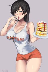 Rule 34 | 10s, 1girl, artist request, bar censor, bare shoulders, black hair, blouse, blue eyes, blueberry, blush, breasts, censored, cleavage, collarbone, cowboy shot, dated, food, fruit, girls und panzer, half-closed eyes, hooters, isuzu hana, large breasts, long hair, looking at viewer, open mouth, plate, sexually suggestive, shiny skin, shirt, short shorts, shorts, simple background, solo, source request, standing, suggestive fluid, tank top, thighs, tongue, tongue out, upper body, white shirt