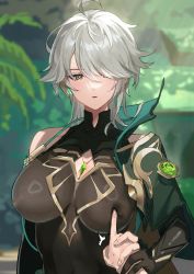 Rule 34 | 1boy, 1girl, ahoge, alhaitham (genshin impact), blush, breasts, cape, closed mouth, covered erect nipples, gem, genderswap, genderswap (mtf), genshin impact, green eyes, green hair, grey hair, hair between eyes, hair over one eye, hand grab, highres, hominamia, jewelry, large breasts, looking at viewer, multicolored hair, open mouth, parted lips, short hair, solo, upper body