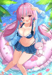 Rule 34 | 1girl, absurdres, arm up, bikini, bikini skirt, blue hair, blush, braid, breasts, colored inner hair, day, flower, flower on liquid, frilled bikini, frilled innertube, frills, from above, hand on own forehead, highres, hololive, innertube, jacket, kanti15, large breasts, long hair, long sleeves, looking at viewer, minato aqua, multicolored hair, nail polish, navel, off shoulder, one side up, open mouth, outdoors, pink eyes, pink hair, sitting, smile, solo, sparkle, striped innertube, stuffed animal, stuffed rabbit, stuffed toy, swim ring, swimsuit, two-tone hair, very long hair, virtual youtuber, wakamezake, water