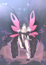 Rule 34 | 10s, 1girl, accel world, antenna hair, bare shoulders, barefoot, black hair, brown eyes, bug, butterfly, butterfly wings, elbow gloves, feet, gloves, hairband, highres, hope yakisoba, hugging own legs, insect, insect wings, kuroyukihime, long hair, navel, shoes, single shoe, sitting, solo, wings