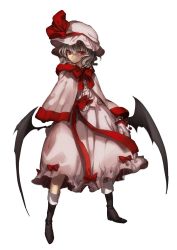 Rule 34 | 1girl, adapted costume, alternate costume, bat wings, boots, bow, capelet, full body, gloves, hat, hat ribbon, highres, long sleeves, looking to the side, md5 mismatch, mob cap, no-kan, red eyes, remilia scarlet, resized, resolution mismatch, ribbon, sash, shirt, short hair, silver hair, simple background, skirt, skirt set, solo, source larger, touhou, white background, wings, winter clothes