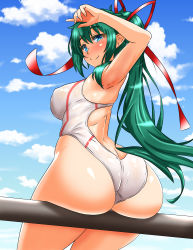 Rule 34 | 1girl, absurdres, asami arcturus, ass, ass support, bare shoulders, blue eyes, blush, breasts, butt crack, cloud, cloudy sky, day, elf, from behind, green hair, hair ribbon, highres, huge ass, large breasts, long hair, looking at viewer, one-piece swimsuit, original, outdoors, pointy ears, ponytail, puredarkness500, ribbon, shiny clothes, shiny skin, sideboob, sky, smile, solo, swimsuit, traced, very long hair