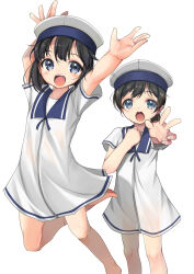 Rule 34 | 2girls, arms up, barefoot, black hair, blue eyes, blue sailor collar, bob cut, commentary request, daitou (kancolle), dress, feet out of frame, hat, hiburi (kancolle), highres, jumping, kantai collection, low ponytail, multiple girls, outdoors, sailor collar, sailor dress, sailor hat, short hair, short sleeves, simple background, standing, white background, white dress, white headwear, yashin (yasinz)