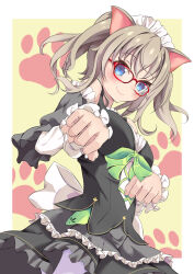Rule 34 | 1girl, 9-nine-, absurdres, animal ears, back bow, bare shoulders, black dress, blue eyes, blush, bow, breasts, cat ears, closed mouth, commentary request, cowboy shot, dress, eyelashes, framed, frilled dress, frilled sleeves, frills, glasses, green bow, hair between eyes, hato maron, highres, kujou miyako, large breasts, light brown hair, long hair, long sleeves, looking at viewer, maid, maid headdress, official alternate costume, official alternate hairstyle, paw pose, paw print, red-framed eyewear, simple background, smile, solo, standing, twintails, waitress, white bow, yellow background