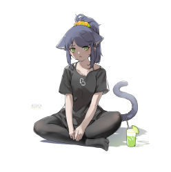 Rule 34 | absurdres, alternate costume, animal ear fluff, animal ears, arknights, black hair, black pantyhose, black shirt, blush, bra strap, cat ears, cat girl, cat tail, character name, cup, drink, drinking glass, ears down, english text, food, fruit, full body, green eyes, hair ornament, hair scrunchie, highres, indian style, jessica (arknights), lime (fruit), lime slice, long hair, no shoes, open mouth, own hands together, pantyhose, ponytail, scrunchie, shinnasuka025, shirt, short sleeves, simple background, sitting, tail, white background