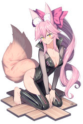 Rule 34 | 1girl, absurdres, animal ear fluff, animal ears, barefoot, blush, bow, breasts, catsuit, cleavage, fate/grand order, fate (series), feet, fox tail, hair bow, highres, koyanskaya (assassin) (first ascension) (fate), koyanskaya (fate), licking lips, long hair, looking at viewer, pink hair, ponytail, simple background, smile, solo, tail, toes, tongue, tongue out, very long hair, white background, yellow eyes