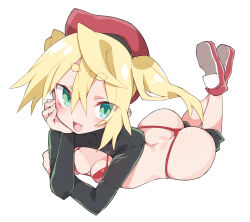 Rule 34 | 1girl, ass, bad id, bad pixiv id, beret, bikini, blonde hair, blush, boots, breasts, butt crack, fang, full body, green eyes, hat, highres, knee guards, kz oji, looking at viewer, lying, on stomach, open mouth, original, red bikini, red hat, short eyebrows, short hair, shrug (clothing), simple background, skin fang, small breasts, smile, solo, string bikini, swimsuit, the pose, white background