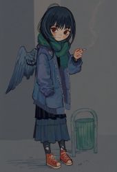 Rule 34 | 1girl, black hair, blue coat, blue skirt, blush, cigarette, closed mouth, coat, green scarf, highres, holding, holding cigarette, io (onisarashi), looking at viewer, medium hair, original, pleated skirt, red eyes, red footwear, scarf, shoes, skirt, smile, sneakers, solo, trash can, wings