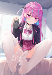 Rule 34 | 1girl, blush, feet, highres, holding, holding shoes, hololive, long hair, looking at viewer, minato aqua, minato aqua (school uniform), multicolored hair, panties, pantyshot, parted lips, pink eyes, pink hair, see-through, see-through legwear, shoes, single shoe, soles, steam, streaked hair, striped clothes, striped panties, thighhighs, thighs, toes, two-tone hair, underwear, unworn shoes, virtual youtuber, white thighhighs