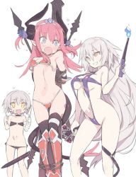 Rule 34 | + +, 3girls, :o, armor, arms behind back, bandaged arm, bandages, bandeau, bikini, bikini armor, black bikini, black legwear, blade (galaxist), breasts, chain, contrapposto, elbow gloves, elizabeth bathory (brave) (fate), elizabeth bathory (fate), elizabeth bathory (fate/extra ccc), fang, fate/grand order, fate (series), flat chest, fork, gloves, gluteal fold, greaves, grin, hair between eyes, heart, horns, jack the ripper (fate/apocrypha), jeanne d&#039;arc (fate), jeanne d&#039;arc (ruler) (fate), jeanne d&#039;arc alter (avenger) (fate), jeanne d&#039;arc alter (fate), knife, large breasts, long hair, loose bikini, multiple girls, navel, one-piece swimsuit, pink hair, pointy ears, purple one-piece swimsuit, purple slingshot swimsuit, red armor, restrained, scar, silver hair, simple background, slingshot swimsuit, smile, standing, strap gap, swimsuit, tail, tears, thighhighs, two side up, very long hair, white background, yellow eyes