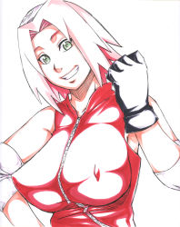 Rule 34 | 1girl, arm warmers, bare shoulders, black gloves, breasts, clenched hand, covered erect nipples, gloves, green eyes, grin, hand up, haruno sakura, head tilt, headband, headdress, impossible clothes, impossible shirt, konohagakure symbol, large breasts, looking at viewer, naruto, naruto (series), pink hair, red shirt, shirt, short hair, simple background, sleeveless, sleeveless shirt, smile, solo, sunahara wataru, teeth, upper body, white background, zipper