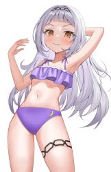 Rule 34 | 1girl, absurdres, alternate costume, arm behind head, arm up, armpits, bikini, blunt bangs, blush, breasts, closed mouth, collarbone, commentary request, embarrassed, eyelashes, frilled bikini, frills, grey hair, hairband, hand up, heunggugi, highres, hololive, long hair, looking at viewer, murasaki shion, navel, orange eyes, purple bikini, shiny skin, sidelocks, simple background, small breasts, solo, standing, swimsuit, thigh strap, thighs, virtual youtuber, white background