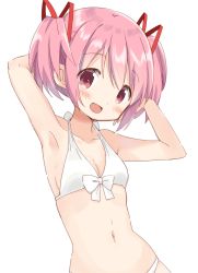 Rule 34 | 1girl, :d, alternate costume, armpits, arms behind head, arms up, bare arms, bare shoulders, bikini, blush, breasts, cleavage, collarbone, dot nose, front-tie bikini top, front-tie top, hair between eyes, hair ribbon, hand in own hair, highres, kaname madoka, looking at viewer, mahou shoujo madoka magica, mahou shoujo madoka magica (anime), navel, open mouth, pink eyes, pink hair, red ribbon, ribbon, shaded face, shiny skin, short twintails, sidelocks, simple background, small breasts, smile, solo, stomach, swimsuit, tsubaki (tatajd), twintails, upper body, white background, white bikini, white ribbon