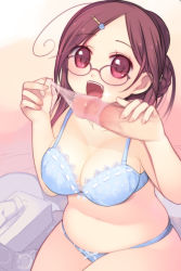 Rule 34 | 1girl, arima senne, bad id, bad pixiv id, blue bra, blue panties, bow, bow bra, bow panties, bra, braid, breasts, brown eyes, brown hair, censored, cleavage, condom, condom on penis, disembodied penis, fang, glasses, hair ornament, hairpin, kashiwamochi yomogi, lace, lace-trimmed bra, lace trim, large breasts, lingerie, mosaic censoring, original, panties, penis, plump, solo focus, underwear, underwear only