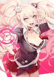 Rule 34 | 1girl, :d, bear hair ornament, black bra, black necktie, black shirt, blonde hair, blue eyes, bow, bra, breasts, buttons, cleavage, danganronpa: trigger happy havoc, danganronpa (series), enoshima junko, hair ornament, highres, large breasts, long hair, looking at viewer, nail polish, necktie, no-kan, open mouth, pink background, plaid, plaid skirt, pointing, red bow, red nails, red skirt, shirt, skirt, sleeves rolled up, smile, solo, teeth, twintails, underwear, upper teeth only, white background, white necktie