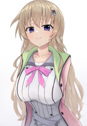 1girl 9-nine- absurdres arms_behind_back belt blue_eyes blush bow breasts cardigan closed_mouth collarbone commentary dress gear_hair_ornament grey_belt hair_between_eyes happy highres kujou_miyako large_breasts light_brown_hair long_hair long_sleeves looking_at_viewer open_cardigan open_clothes pink_bow pink_cardigan school_uniform sidelocks simple_background smile solo star_(symbol) star_print takoyaki032002 upper_body very_long_hair white_background white_dress wing_hair_ornament