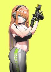 Rule 34 | 1girl, ass, bandaid, bandaid on cheek, bandaid on face, black gloves, black sports bra, breasts, casing ejection, cleavage, collarbone, ear protection, from side, gloves, grey pants, gun, highres, holding, holding gun, holding weapon, large breasts, locked slide, long hair, looking at viewer, midriff, orange hair, original, pants, shell casing, solo, sports bra, standing, straight hair, striped, tac239, trigger discipline, vertical stripes, weapon, yellow background, yoga pants