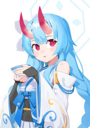 Rule 34 | 1girl, absurdres, black gloves, blue archive, blue hair, blunt bangs, bowl, braid, bridal gauntlets, chise (blue archive), commentary request, detached sleeves, gloves, hair between eyes, halo, highres, holding, holding bowl, horns, japanese clothes, kkami15, long hair, long sleeves, looking at viewer, low twintails, obi, obiage, oni horns, parted lips, red eyes, sash, sidelocks, simple background, solo, twin braids, twintails, white background, wide sleeves