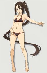 Rule 34 | 10s, 1girl, absurdly long hair, akitetsu, bad id, bad twitter id, barefoot, bikini, black bikini, brown eyes, brown hair, full body, grey background, highres, kantai collection, long hair, nachi (kancolle), navel, outstretched hand, ponytail, side ponytail, solo, swimsuit, very long hair