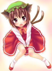 Rule 34 | 1girl, :3, animal ears, blush, bow, bowtie, brown eyes, brown hair, cat ears, cat girl, cat tail, chen, dress, earrings, fang, female focus, from above, full body, gradient background, hat, jewelry, looking up, multiple tails, open mouth, ribbon, saki chisuzu, short hair, solo, tail, touhou, white background