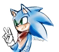 Rule 34 | 1boy, animal ears, artist name, bandaged arm, bandages, bandana, blue hair, cowboy shot, furry, furry male, gloves, green eyes, grin, hand up, heart, long hair, lowres, male focus, sideways mouth, signature, simple background, sketch, smile, solo, sonic (series), sonic the hedgehog, spacecolonie, standing, teeth, upper body, v, white background, white gloves
