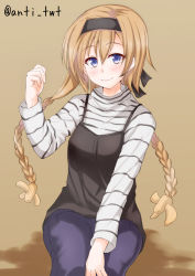 Rule 34 | 10s, anti (untea9), artist name, blonde hair, blue eyes, blue pants, blush, braid, camisole, camisole over clothes, closed mouth, denim, eyebrows, hair between eyes, hair ornament, hairband, hand on own knee, highres, jeans, kantai collection, long hair, long sleeves, looking at viewer, pants, propeller hair ornament, simple background, sitting, smile, striped, tareme, teruzuki (kancolle), turtleneck, twin braids, yellow background