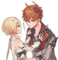 Rule 34 | 1boy, 1girl, ahoge, bare shoulders, black eyes, blonde hair, brown hair, commentary request, detached sleeves, dress, earrings, eye contact, fingerless gloves, flower, from side, genshin impact, gloves, hair flower, hair ornament, hands on another&#039;s chest, highres, hug, jewelry, kino (m6t2a), looking at another, lumine (genshin impact), short hair, sidelocks, simple background, size difference, tartaglia (genshin impact), upper body, white background, white dress, white flower, yellow eyes