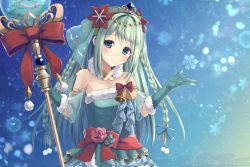 Rule 34 | 1girl, aqua dress, aqua gloves, bare shoulders, bell, blue eyes, blush, bow, braid, chika (christmas) (princess connect!), chika (princess connect!), commentary request, detached sleeves, dress, fur collar, fur trim, gloves, green hair, hair ornament, highres, holding, holding staff, itone 114, long hair, looking at viewer, princess connect!, red bow, red sash, sash, sidelocks, smile, solo, staff, strapless, strapless dress, tiara