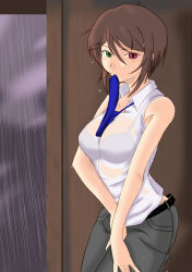 Rule 34 | 00s, 1girl, bra, breasts, brown hair, casual, cleavage, heterochromia, large breasts, lingerie, mouth hold, necktie, aged up, rain, rozen maiden, see-through, short hair, solo, souseiseki, underwear, wet, wet clothes