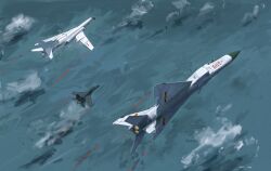 Rule 34 | aircraft, airplane, fighter jet, from above, h-6, highres, impasto, j-15, j-8, jet, military, military vehicle, no humans, ocean, oil painting (medium), original, painting (medium), people&#039;s liberation army, people&#039;s liberation army navy, scenery, traditional media, vehicle focus, wpfxy
