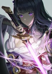 Rule 34 | 1girl, blunt bangs, breasts, cleavage, closed mouth, commentary request, electricity, flower, genshin impact, hair ornament, holding, holding sword, holding weapon, japanese clothes, katana, kimono, large breasts, light smile, long hair, looking at viewer, mole, mole under eye, purple eyes, purple flower, purple hair, raiden shogun, ribbon, sash, shoulder pads, silence girl, simple background, solo, sword, vision (genshin impact), weapon, wide sleeves