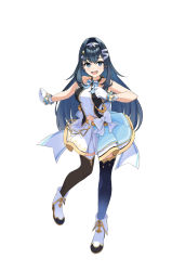 Rule 34 | 1girl, alternate costume, biqi gu qi ku bi, blue eyes, blue hair, clothing cutout, corrupted metadata, gloves, hairband, halterneck, high heels, highres, hololive, hololive china, idol clothes, looking to the side, navel, navel cutout, open mouth, rosalyn (hololive), single leg pantyhose, single thighhigh, skirt, smile, solo, thighhighs, virtual youtuber, white footwear, white gloves, white hairband, white skirt, wrist cuffs