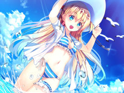 Rule 34 | 1girl, :d, arms up, bikini, bikini under clothes, bird, blonde hair, blouse, blue eyes, blue sky, blue theme, breasts, bridal garter, cloud, cowboy shot, day, dutch angle, fisheye, frilled bikini, frills, gluteal fold, hair ornament, hair tie, hands on headwear, hat, key, lens flare, long hair, md5 mismatch, medium breasts, navel, ocean, open clothes, open mouth, open shirt, original, seagull, see-through, shirt, short twintails, side-tie bikini bottom, sky, smile, solo, sparkle, striped bikini, striped clothes, sun hat, swimsuit, swimsuit under clothes, teeth, thigh gap, twintails, two side up, wading, water, water drop, yan (nicknikg)