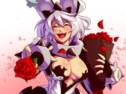 Rule 34 | 1girl, black gloves, black nails, blizzardingpike, blue eyes, blush, bouquet, bracelet, breasts, cleavage, cleavage cutout, clothing cutout, clover, collar, elphelt valentine, flower, four-leaf clover, gloves, guilty gear, guilty gear xrd, hairband, holding, holding bouquet, jewelry, large breasts, long sleeves, looking at viewer, open mouth, petals, red flower, red rose, rose, rose petals, short hair, smile, spiked bracelet, spiked collar, spiked hairband, spikes, white hair