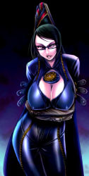 Rule 34 | 1girl, amulet, bayonetta, bayonetta (series), bayonetta 1, black hair, breasts, chiba toshirou, cleavage, crossed arms, eyeshadow, glasses, huge breasts, leaning forward, lipstick, makeup, mole, mole under mouth, solo