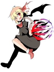 Rule 34 | 1girl, ahoge, ascot, blonde hair, darkness, fang, full body, hair ribbon, long sleeves, natsu no koucha, open mouth, red eyes, red footwear, ribbon, rumia, shirt, shoes, short hair, simple background, skirt, skirt set, smile, socks, solo, touhou, vest, white background, white shirt
