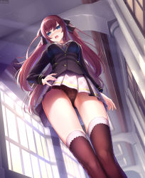 Rule 34 | 1girl, absurdres, black panties, blazer, blue eyes, blurry, blurry background, blush, breasts, brown hair, dobunezumi, from below, full-face blush, hand on own hip, highres, indoors, jacket, lace, lace-trimmed panties, lace trim, long hair, looking at viewer, medium breasts, open mouth, original, over-kneehighs, panties, pleated skirt, school uniform, skirt, solo, thighhighs, two side up, underwear, upskirt