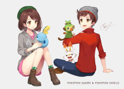 Rule 34 | 1boy, 1girl, bad id, bad pixiv id, beanie, blue pants, bob cut, boots, brown eyes, brown footwear, brown hair, cardigan, closed mouth, commentary request, copyright name, creatures (company), cross-laced footwear, dress, game freak, gen 8 pokemon, gloria (pokemon), green headwear, green legwear, grey background, grey cardigan, grookey, hat, holding, holding pokemon, lace-up boots, looking back, nintendo, open mouth, pants, pink dress, plaid, plaid legwear, pokemon, pokemon (creature), pokemon swsh, red shirt, rupinesu, scorbunny, shirt, short hair, signature, simple background, sitting, smile, sobble, socks, starter pokemon trio, tam o&#039; shanter, victor (pokemon)