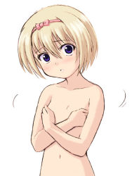 Rule 34 | 1girl, blue eyes, breast hold, breasts, chaccu, completely nude, covering privates, covering breasts, flat chest, hair between eyes, hairband, head tilt, nude, original, short hair, simple background, solo, white background