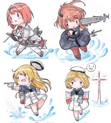 Rule 34 | 4girls, aircraft, ark royal (kancolle), blonde hair, blue sky, bob cut, bow (weapon), chibi, closed mouth, compound bow, corrupted twitter file, cross, dress, hair ornament, hat, highres, holding, holding bow (weapon), holding weapon, janus (kancolle), jervis (kancolle), kantai collection, long hair, multiple girls, neon genesis evangelion, open mouth, pantyhose, parted lips, poipoi purin, red hair, red legwear, rigging, sailor dress, saratoga (kancolle), short hair, sky, smokestack hair ornament, socks, tiara, weapon, white dress, white headwear, white legwear