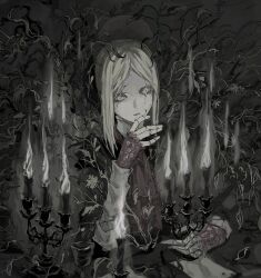Rule 34 | 1girl, blonde hair, bloodborne, bonnet, brown cloak, candle, candlestand, cloak, doll joints, expressionless, gloves, hat, highres, joints, long hair, long sleeves, monochrome, plain doll, soldalepaz11, solo, upper body, white eyes