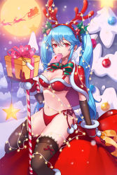 Rule 34 | 1girl, arm support, bad id, bad pixiv id, bikini, blue hair, boots, box, breasts, christmas, cleavage, eng (hypark1102), fur trim, gift, gift box, gloves, hair ornament, hat, heart, large breasts, letter, long hair, looking at viewer, luthica preventer, mouth hold, navel, red bikini, red eyes, ribbon, sack, santa boots, santa costume, side-tie bikini bottom, sitting, sitting on object, snowflakes, solo, star (symbol), swimsuit, sword girls, thighhighs, twintails, very long hair