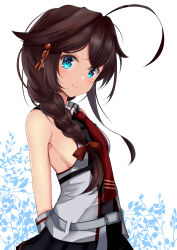 Rule 34 | 1girl, absurdres, ahoge, arm behind back, black gloves, black shirt, black skirt, blue eyes, bow, braid, breasts, brown hair, closed eyes, collared shirt, commentary request, floral background, from side, gloves, grey shirt, hair bow, hair flaps, hair ornament, hair over shoulder, hairpin, highres, himura moritaka, kantai collection, long hair, looking at viewer, medium breasts, necktie, pleated skirt, red bow, red necktie, shigure kai san (kancolle), shirt, sideboob, simple background, single braid, skirt, sleeveless, sleeveless shirt, smile, solo, two-tone shirt