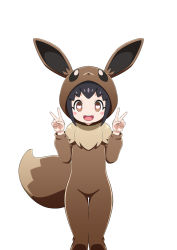 Rule 34 | 1girl, :d, black hair, blush stickers, brown eyes, child, commentary request, cosplay, creatures (company), double v, eevee, eevee (cosplay), eevee ears, eevee tail, game freak, gen 1 pokemon, hands up, heart, heart-shaped pupils, highres, hood, hood up, ika daishougun, long sleeves, looking at viewer, nintendo, onesie, open mouth, poke kid (pokemon), pokemon, pokemon swsh, short hair, simple background, smile, solo, symbol-shaped pupils, teeth, thigh gap, tongue, upper teeth only, v, white background