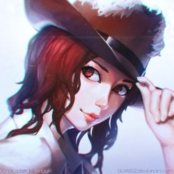 Rule 34 | 1girl, chromatic aberration, collared shirt, commentary, commission, cowboy hat, deviantart username, fingernails, guweiz, hand on headwear, hat, light smile, looking at viewer, original, portrait, red eyes, red hair, red lips, shirt, short hair, solo, watermark, white shirt, wing collar