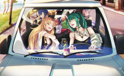 Rule 34 | 4girls, :d, animal ears, arknights, bare shoulders, blonde hair, blue hair, breasts, can, car, ch&#039;en (arknights), ch&#039;en the holungday (arknights), cleavage, cup, disposable cup, drinking straw, driving, fang, green eyes, green hair, hand up, highres, hoshiguma (arknights), jewelry, lin (arknights), long hair, long sleeves, looking at another, medium breasts, motor vehicle, multiple girls, ocean, open mouth, outdoors, pendant, peppsi (saba sabasuk0), ponytail, purple eyes, purple hair, road, smile, swire (arknights), tiger ears, tree, upper body, water, yellow eyes